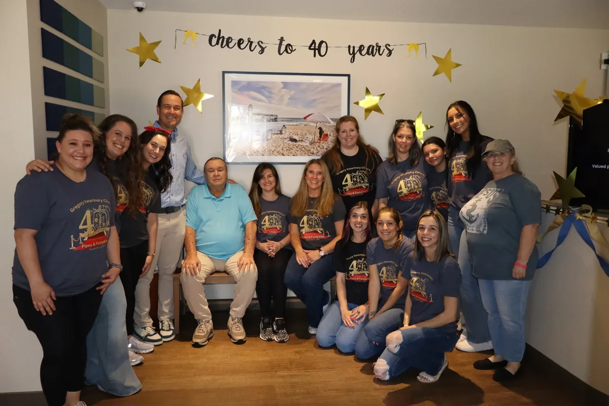 The Gregory Veterinary Clinic team gathered for the practice's fortieth anniversary